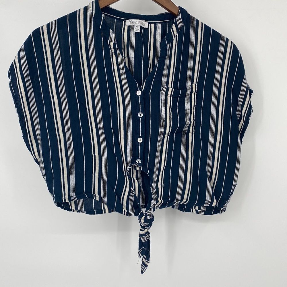 Patrons of Peace Boxy Cropped Striped Tie Front Blouse XS